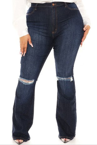 Plus Size Dark Denim Knees Sliced Flare Jeans