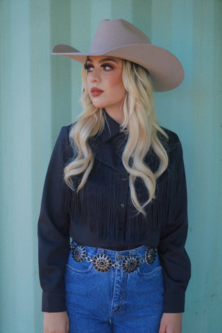 “Ximena” Fringe Button Down - Midnight Black